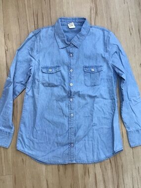 Faded Glory Casual Light Blue Chambray Denim Button-Up Convertible Sleeve Shirt